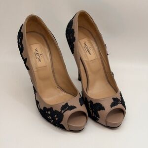 Authentic Valentino Black Lace on Nude Leather Peep Toe Pumps